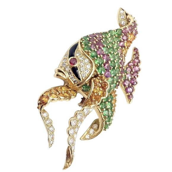 Authentic! Rare Jean Vitau 18k Yellow Gold Diamond Color Stone Angel Fish Brooch - Picture 1 of 12